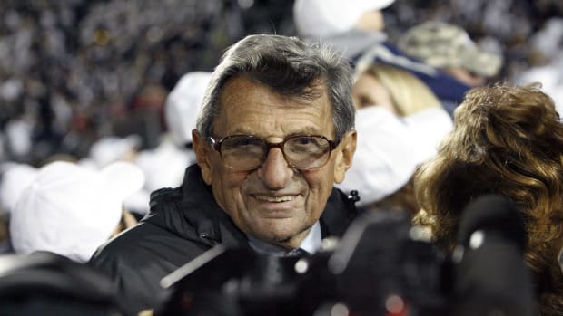 Former Penn State football coach Joe Paterno is pictured in 2010 after the Nittany Lions defeated Northwestern for Paterno's 400th career victory.